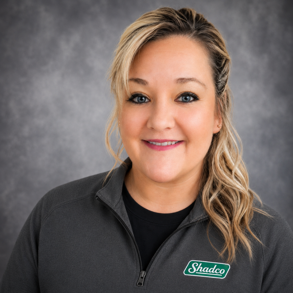Smiling woman with blonde hair in a dark zip-up jacket featuring a Shadco logo on the chest.