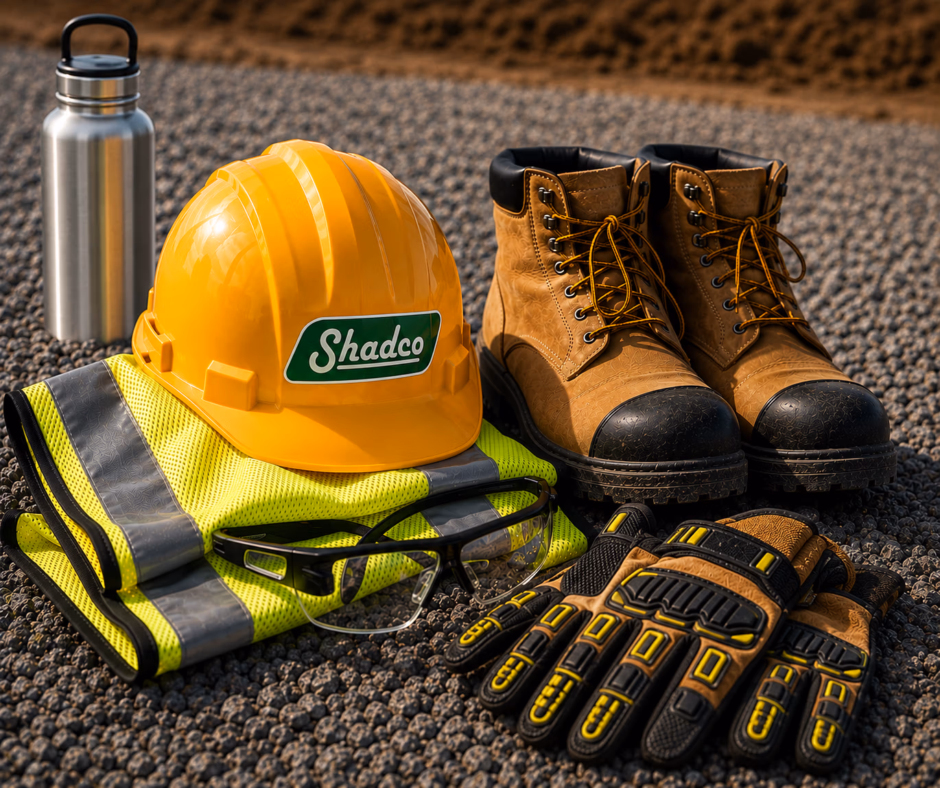 Safety gear laid out on gravel: yellow hard hat (Shadco), neon vest, safety glasses, work boots, gloves, and a metal bottle.