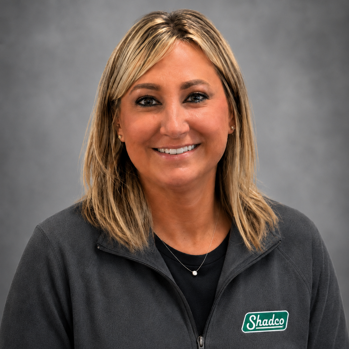 Portrait of a smiling woman with shoulder-length blonde hair wearing a dark gray zip jacket with a Shadco logo on the chest.